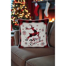 Visionario Kırlent Kılıfı Yılbaşı Temalı Merry Christmas 45X45 Raşel Örme Kadife Dijital Baskı Beyaz Biyeli