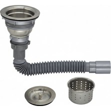 Akkon Premium Paslanmaz Çelik Sepetli Sifon Mutfak Süzgeç Seti | Çift Kauçuk Conta, Kolay Montaj, Derin Sepet Tasarımı | Çöpmak Lavabo Sifonu