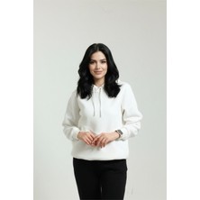 Veleno Beyaz Kadın 3 Iplik Polarlı Yünlü  Kapüşonlu Yandan Cepli Sweat  Yumuşak Puf Kumaş