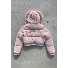 İsra Ayyıldız Moonstar Collection Pembe Juicy Peluş Kapüşonlu Şişme Crop Mont