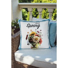 Visionario Kırlent Kılıfı Bahar Temalı Hello Spring 45X45 Raşel Örme Kadife Dijital Baskı Beyaz Biyeli