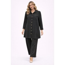 BezeXL Büyük Beden Eteği Lastikli Keten Ikili Takım Siyah