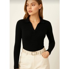 Kadin Polo Yaka Triko Kazak-Uzun Kollu Slim Fit