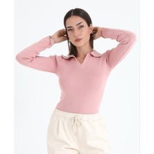 Kadin Polo Yaka Triko Kazak-Uzun Kollu Slim Fit