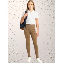 childs Kız Çocuk Koyu Bej Nervür Dikişli Çift Örgülü Likralı Çelik Interlok Okul Taytı