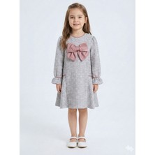 Deri Fiyonklu Büzgü Kollu Tüvit Kız Çocuk Elbise 3-7 Yaş 4415