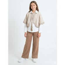 Bej Püsküllü Pançolu Gömlekli ve Bol Paça Pantolonlu 3lü Kız Çocuk Takım 8-14 Yaş 4430