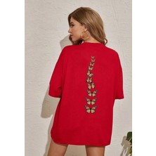 Amor Face Büyük Beden Özel Tasarım Uçuşan Kelebekler Sırt Baskılı %100 Pamuk Oversize Kadın T-Shırt