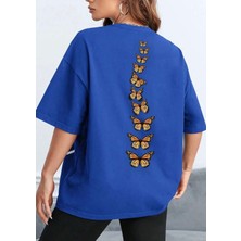 Amor Face Büyük Beden Özel Tasarım Uçuşan Kelebekler Sırt Baskılı %100 Pamuk Oversize Kadın T-Shırt