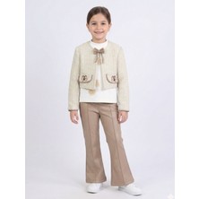 Kız Çocuk Tüvit Ceket ve Deri Pantolon 3lü Takım 4-14 Yaş 4409