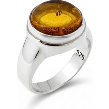 Oya Silver Damarlı Yuvarlak Doğal Kehribar Taşlı Gümüş Kadın Yüzük [OYSY088]