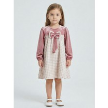 Kız Çocuk Fiyonk Detaylı Kadife ve Ekoseli Kız Çocuk Elbise 3-7 Yaş 4414
