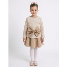 Dev Fiyonklu Tüvit Kumaşlı Deri Etekli Kız Çocuk Elbise 6-14 Yaş 4424