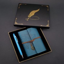 Avensyy Metal Kalem Mavi Deri Defter Dekoratif Hediyelik