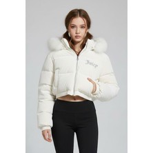 İsra Ayyıldız Moonstar Collection Juicy Beyaz Peluş Kapüşonlu Şişme Crop Mont