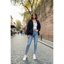 Le'sluette Kadın Oversize %100 Pamuk Fermuarlı Kapüşonlu Önü Kesikli Sweatshirt Siyah