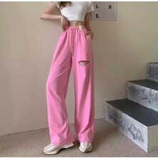 Punix Punıx Özel Seri Diz Yırtık Detaylı Yüksek Bel Sokak Modası %100 Pamuk Ispanyol Paça Yazlık  Kadın Eşofman Altı