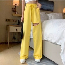 Punix Punıx Özel Seri Diz Yırtık Detaylı Yüksek Bel Sokak Modası %100 Pamuk Ispanyol Paça Yazlık  Kadın Eşofman Altı