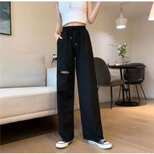 Punix Punıx Özel Seri Diz Yırtık Detaylı Yüksek Bel Sokak Modası %100 Pamuk Ispanyol Paça Yazlık  Kadın Eşofman Altı