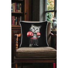 Visionario Kırlent Kılıfı Boksör Kedi Desenli 45X45 Raşel Örme Kadife Çift Taraflı Dijital Baskı Beyaz Biyeli