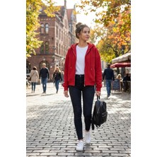 Le'sluette Kadın Oversize %100 Pamuk Önü Kesikli Metal Fermuarlı Kapüşonlu Sweatshirt Kırmızı