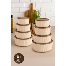 8'li Çizgili Yuvarlak Saklama Kabı Seti Bej
