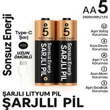 Type-C Şarjlı 2800MWH 1.5V Şarj Edilebilir 2 Li Aa5 Kalın Pil - Lityum Iyon Batarya