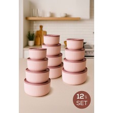 12'li Çizgili Yuvarlak Saklama Kabı Seti Bej