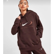 Nike Sportswear Fleece Os Pullover Hoodie Swoosh Bol Kalıp Kahverengi Kadın Sweatshirt FN7698-227