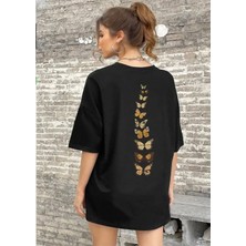 Amor Face Büyük Beden Özel Tasarım Uçuşan Kelebekler Sırt Baskılı %100 Pamuk Oversize Kadın T-Shırt