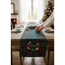 Visionario Masa Örtüsü Runner Yılbaşı Temalı Merry Christmas 140X40 Raşel Örme Kadife Dijital Baskı