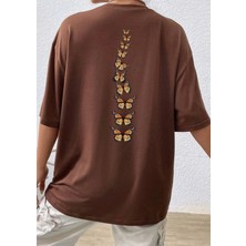 Amor Face Büyük Beden Özel Tasarım Uçuşan Kelebekler Sırt Baskılı %100 Pamuk Oversize Kadın T-Shırt