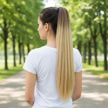 Bağlamalı Düz At Kuyruğu / Kahve / Bal Köpüğü Ombre ve Platin Işıltılı