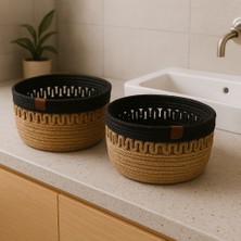 Efuliz Home Jüt Hasır Desenli 2'li Yuvarlak Sepet,düzenleyici-Organizer-Banyo-Saklama Sepeti,ekmek-Çeyizlk Sepet