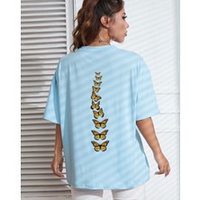 Amor Face Büyük Beden Özel Tasarım Uçuşan Kelebekler Sırt Baskılı %100 Pamuk Oversize Kadın T-Shırt