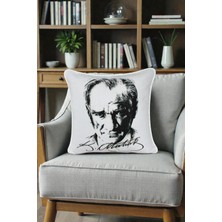 Visionario Kırlent Kılıfı Atatürk Desenli 45X45 Raşel Örme Kadife Çift Taraflı Dijital Baskı Beyaz Biyeli