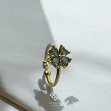Atas Al Diamond Altın Kaplama Yonca Kalp Turkuaz Taşlı Italyan Tasarım 925 Ayar Gümüş Yüzük