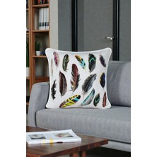 Visionario Kırlent Kılıfı Kuş Tüyü Desenli 45X45 Raşel Örme Kadife Çift Taraflı Dijital Baskı Beyaz Biyeli