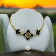 Atas Al Diamond Siyah Taş Süslemeli Yonca Bileklik 925 Gümüş Altın Kaplama