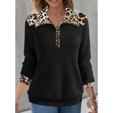 Melen Moda Kadın Uzun Kollu Leopar Yakalı Fermuarlı Waffle Bluz