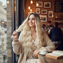 Uzun Su Dalgası Fiber Sentetik Peruk / Kahve / Platin Ombre