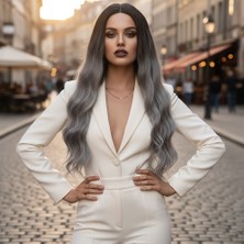 Fiber Sentetik Uzun Su Dalgası Peruk / Siyah Gri Ombreli