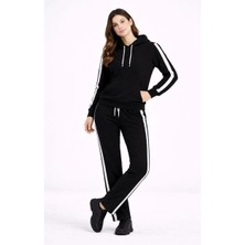 Velmora Fashion Kadın Yandan Şeritli Eşofman Takım Kapüşonlu Sweatshirt Boru Paça Alt, Oversize 3 Iplik Pamuklu - Siyah