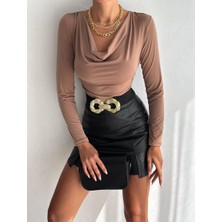 Cuyka Kadın Bluz Uzun Kollu Degaje Yaka Drapeli Slim Fit -