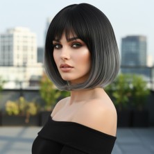 Seçkin Trend Küt Perçemli Fiber Sentetik Peruk / Siyah / Gri Ombreli