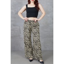 Kadın Leopar Desenli Rahat Kalıp Bol Paça Salaş Pantolon