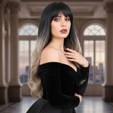 Kahküllü Uzun Dalgalı Fiber Sentetik Peruk / Siyah / Küllü Bebek Sarı  Ombreli