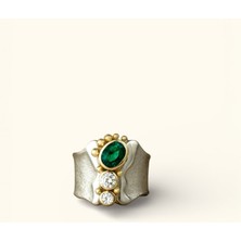 Sevil Gülgün Atelier El Yapımı Antik Dokulu Zümrüt Yeşili Taşlı Yüzük - Gold & Gümüş Kaplama Özel Tasarım Kadın Yüzüğü