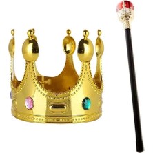 Çocuk Boy Altın Renk Kral Tacı ve Kırmızı Topuzlu Kral Asası