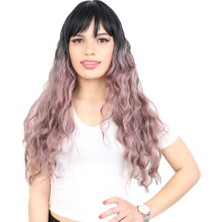 Seçkin Trend Perçemli Uzun Su Dalgası Fiber Sentetik Peruk/ Siyah / Gül Kurusu Ombreli